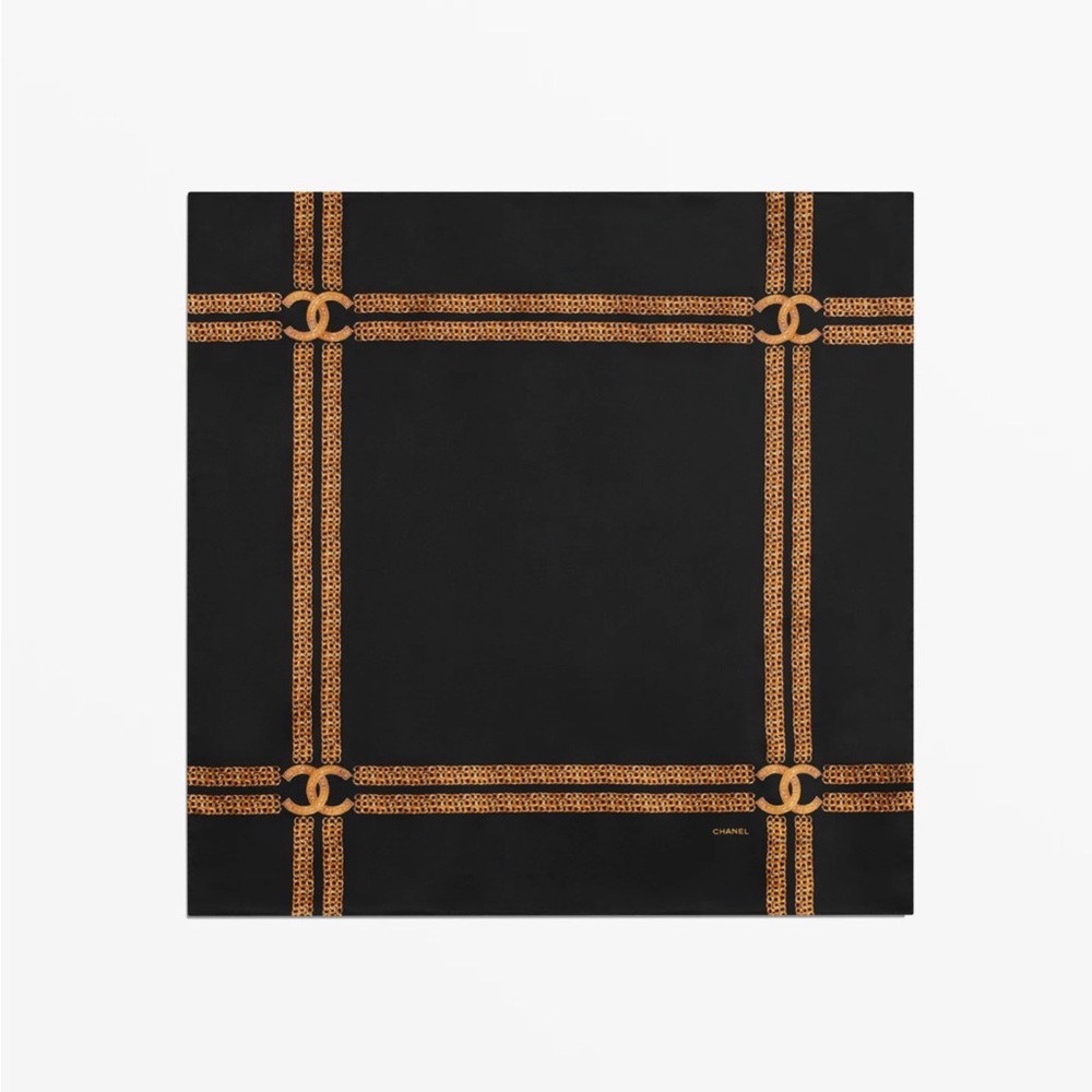 CHANEL Square 
Scarf Silk Satin 
Black & Golden Cruise 25/26 
New in Box